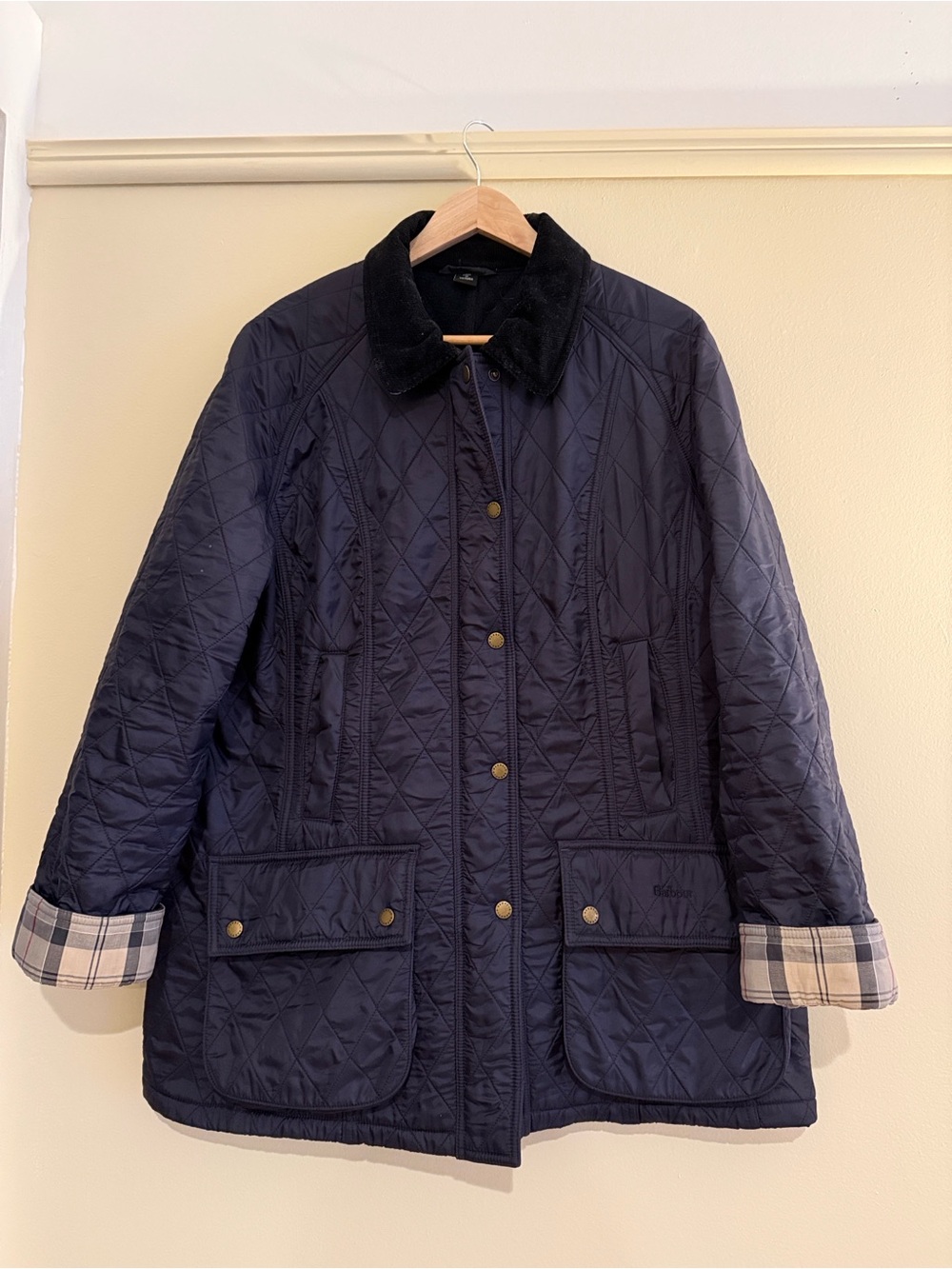 Sz14 Barbour Quilted Navy Women's Jacket with corduroy Collar plaid lining
